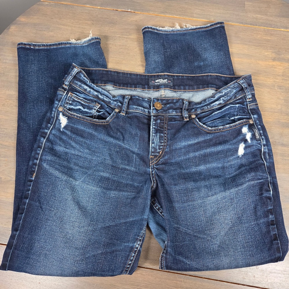 Silver Jeans Co Womens 14 L31 Elyse Slim Bootcut Distressed Stretch Blue Jeans